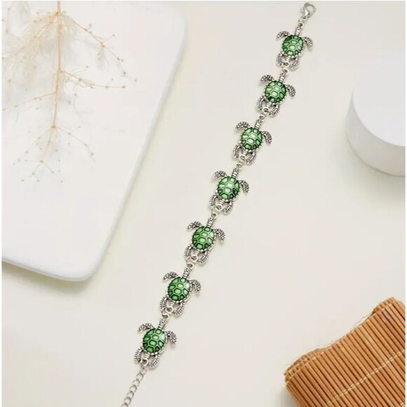 Silver GREEN Turtle Turtles Adjustable Bracelet - Picture 3 of 4